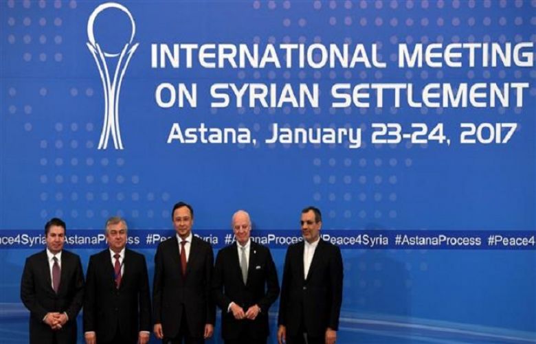 From left: Turkish Foreign Ministry&#039;s Deputy Undersecretary Sedat Onal, Russia&#039;s Special Envoy on Syria Alexander Lavrentiev, Kazakh Foreign Minister Kairat Abdrakhmanov, UN Syria envoy, Staffan de Mistura, and Iran&#039;s Deputy Foreign Minister Hossein Jaberi Ansari pose after the announcement of a final statement following Syria peace talks in Astana, Kazakhstan, on January 24, 2017.