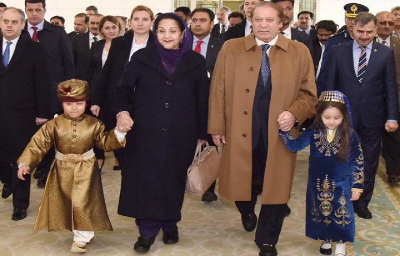 PM Nawaz and his wife Begum Kulsoom Nawaz are escorted by the Turkish children