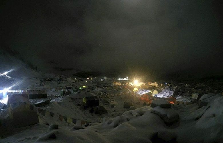 Nightfall after an avalanche triggered by a massive earthquake swept across Everest Base Camp, Nepal on Saturday, April 25, 2015