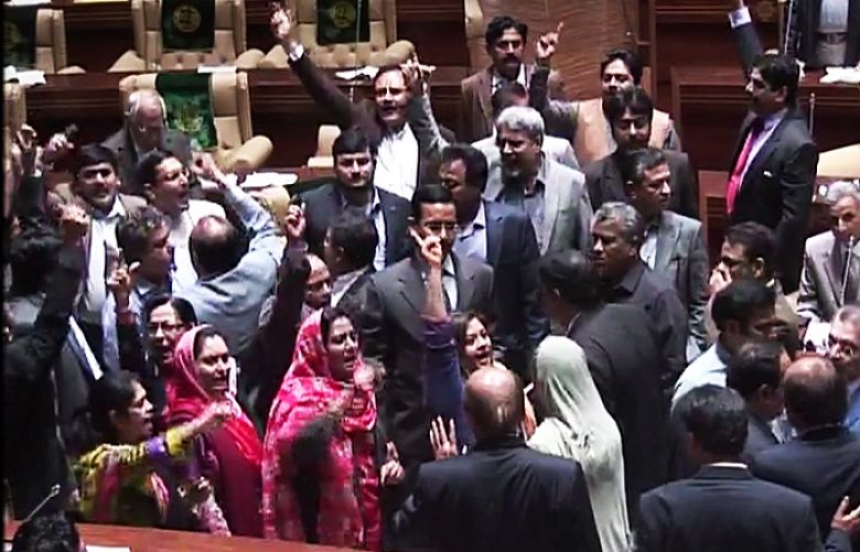MQM workers protest at Sindh Assembly. 