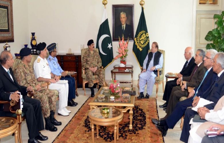 Prime Minister Nawaz Sharif chairing a high-level meeting on Middle East situation at the PM House.