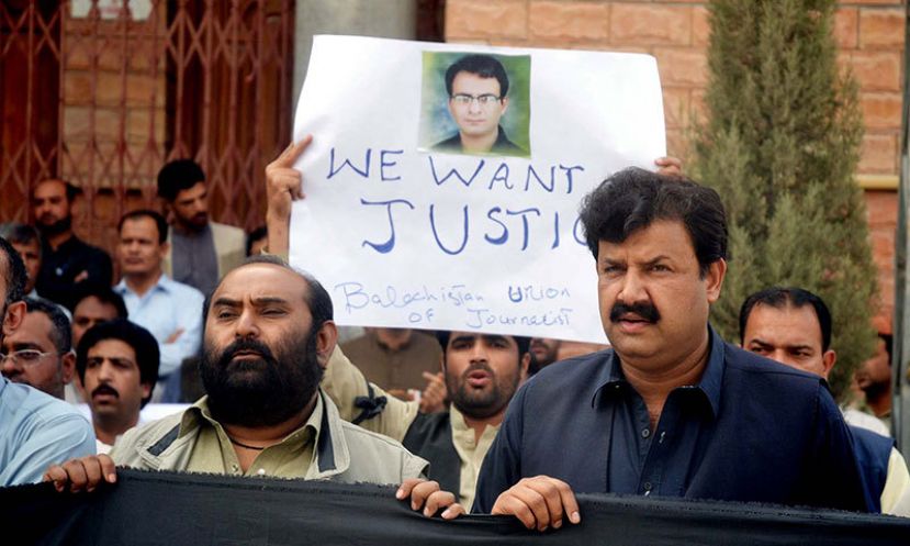 Journalists stage protest demonstration outside Quetta Press Club on Friday.