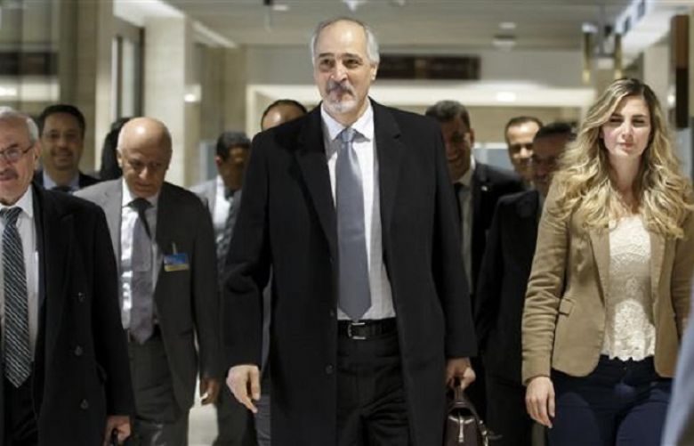 Syrian chief negotiator Bashar al-Jaafari (C) arrives to take part in a round of negotiations with UN Special Envoy of the Secretary-General for Syria, Staffan de Mistura, during intra-Syria talks, at the European headquarters of the United Nations in Geneva, Switzerland.