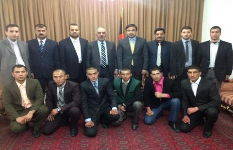 Afghan army cadets with ambassador Janan Mosazai in Islamabad.