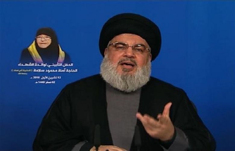 An image grab taken from Lebanon-based Arabic-language al-Manar television network on October 12, 2018, shows the Secretary General of Lebanon&#039;s Hezbollah resistance movement Sayyed Hassan Nasrallah giving a televised speech broadcast from the Lebanese capital city of Beirut.