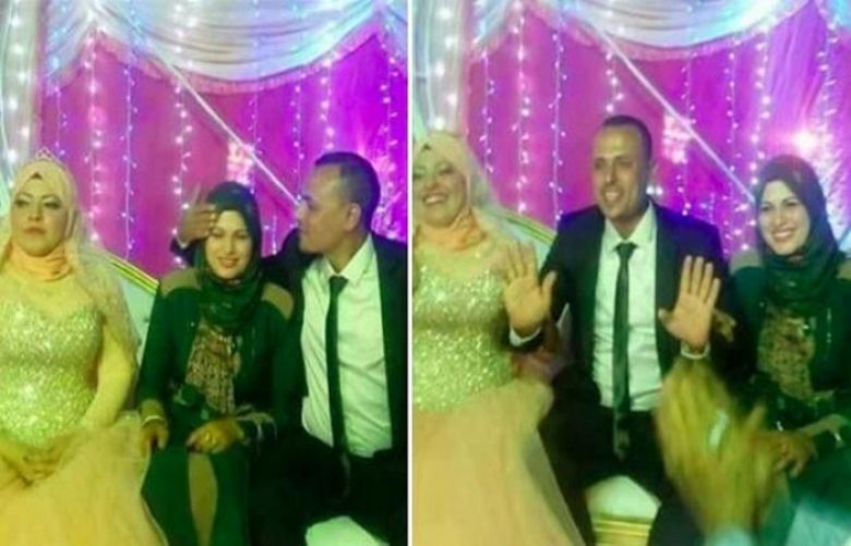 The photos show the woman sitting next to her husband and his new bride during the wedding.