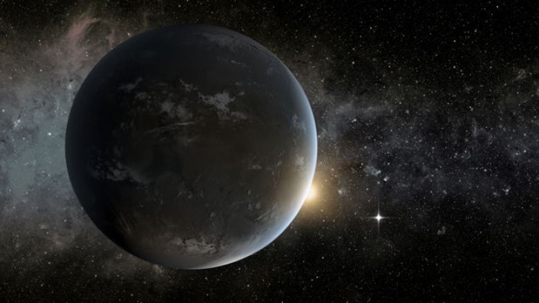 The artist&#039;s conception depicts Kepler-62f, a super-Earth-size planet in the habitable zone of a star smaller and cooler than the sun, located about 1,200 light-years from Earth in the constellation Lyra. The small shining object seen to the right of Kepler-62f is Kepler-62e.