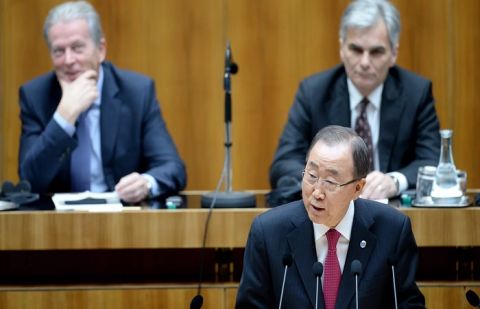 Ban Ki-moon gives a speech to the Austrian parliament in Vienna.