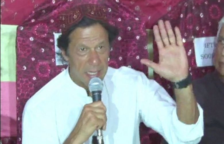 PTI chief Imran Khan addressing party workers in Shikarpur.