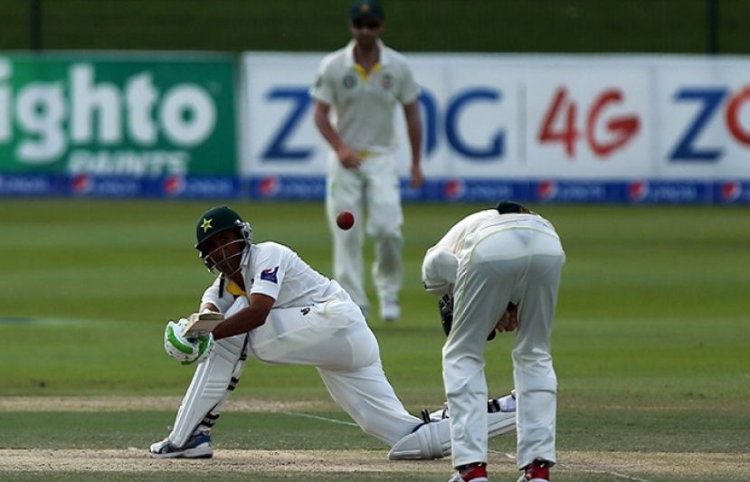 Younis Khan plays a shot during the second day of the second test cricket match between Pakistan and Australia in Abu Dhabi.