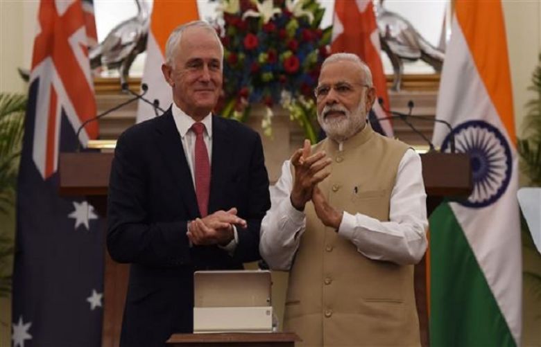 Australian Prime Minister Malcolm Turnbull and Indian counterpart Narendra Modi in New Delhi