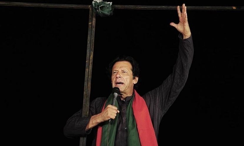 PTI chairman Imran Khan addressing supporters during an anti-government protest in Islamabad.