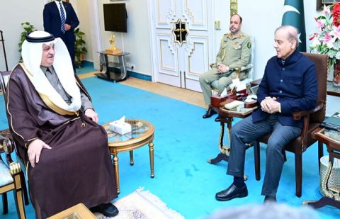 Saudi Ambassador Nawaf bin Saeed Ahmad Al-Malkiy and Prime Minister Shehbaz Sharif.