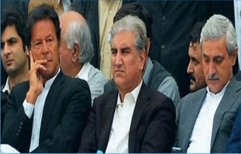 Pakistan Tehreek-e-Insaf (PTI) Chairman Imran Khan, Shah Mehmood Qureshi and Jahangir Tareen