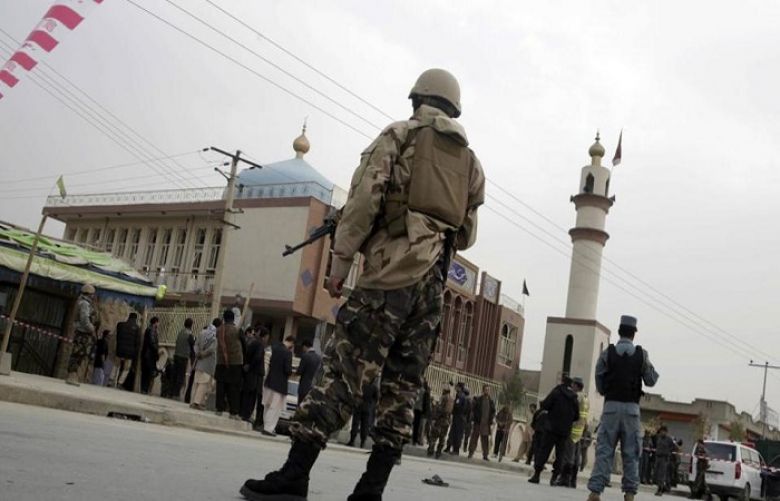 Afghan security forces guarding a mosque in Kabul, Afghanistan.