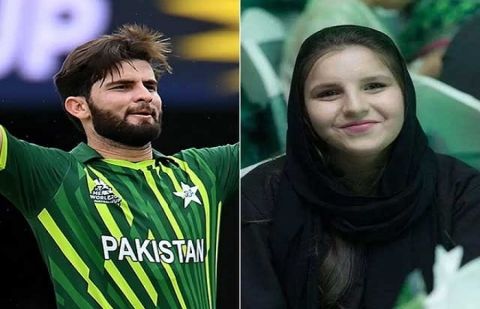 Pakistan's left-arm fast bowler Shaheen Shah Afridi and Ansha Afridi