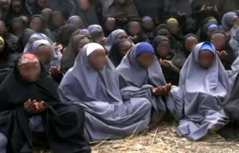 The Chibok schoolgirls who were abducted April 14, 2014 by Boko Haram are shown here in a propaganda video released by the terrorist group.