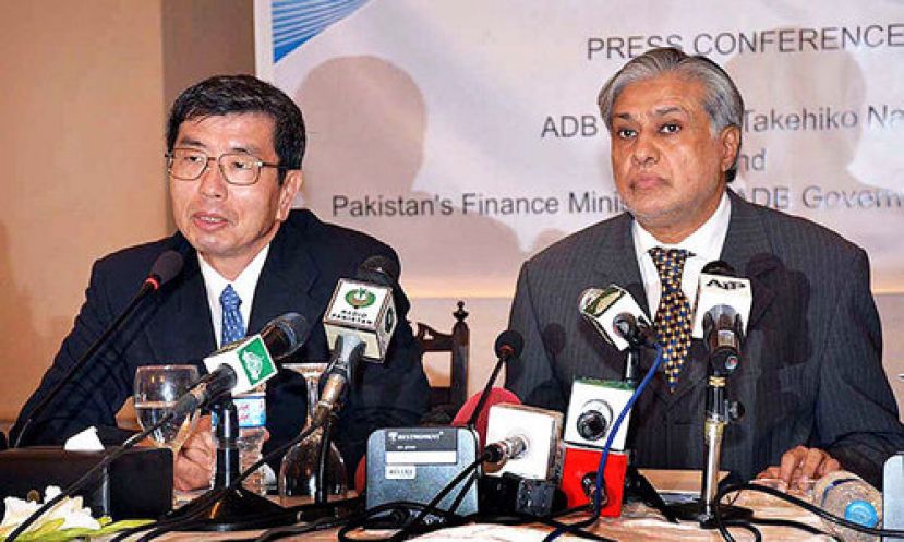Federal Minister for Finance, Senator Ishaq Dar and President Asian Development Bank, Takehiko Nakao addressing a press conference in Islamabad on Wednesday.