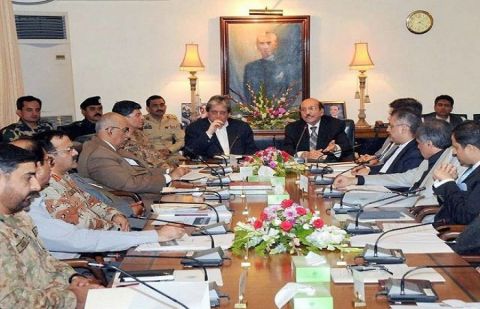 Sindh Chief Minister Syed Qaim Ali Shah presides over the Sindh Apex Committee meeting at the CM House in Karachi on July 12, 2015.