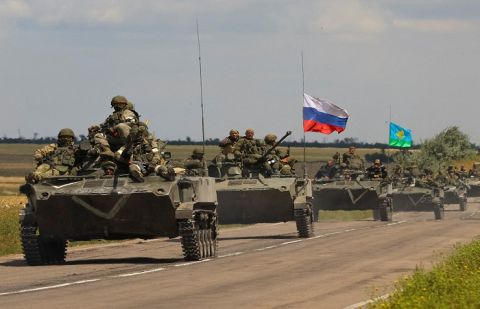An armoured convoy of Russian troops drives in Russian-held part of Zaporizhzhia region.