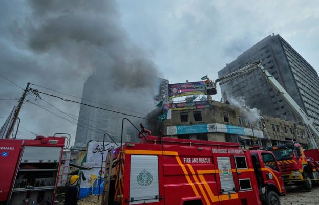 A huge fire erupted at a wood warehouse in Karachi’s Rais Goth area