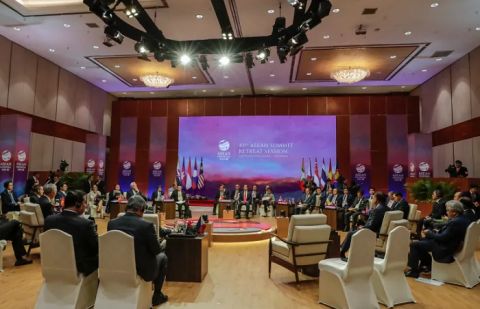 ASEAN leaders take part in a retreat session at the 43rd ASEAN summit in Jakarta