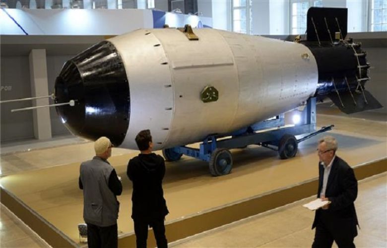 A mockup of a Soviet AN-602 hydrogen bomb (Tsar Bomb) is displayed at the exhibition devoted to the 70th anniversary of Russia’s nuclear industry in Moscow on September 1, 2015.