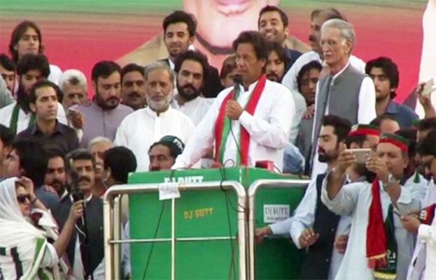 Imran Khan addressing public gathering in Peshawar