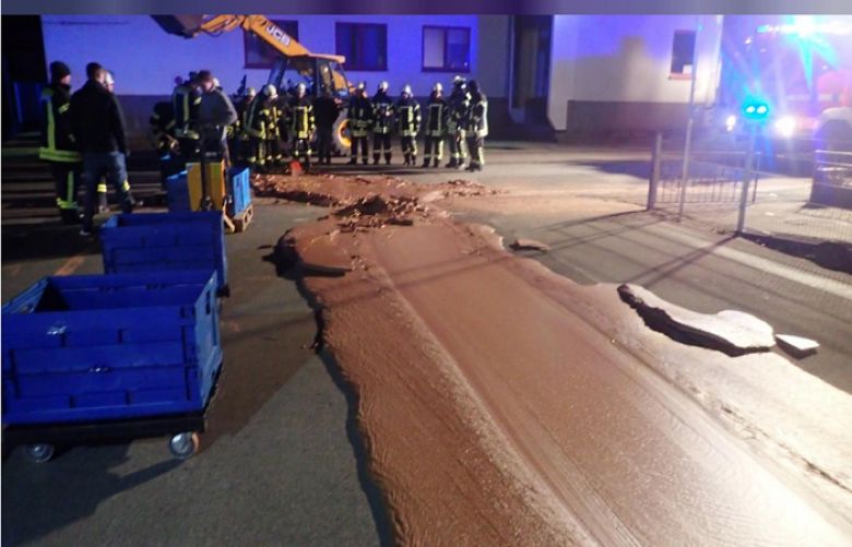 Spilt chocolate is seen on a road in Werl, Germany December 10, 2018 in this picture obtained from social media. Picture taken December 10, 2018. 