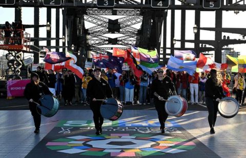 Artists perform during the 'Unity Celebrations,' on the Sydney Harbour Bridge in Sydney on Sunday.