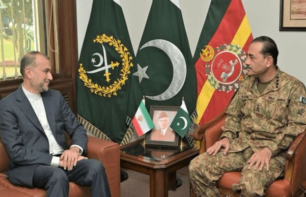 Iran's Foreign Minister Hossein Amir Abdollahian and COAS General Syed Asim Munir meet at the General Headquarters (GHQ) in Rawalpindi on Monday, January 29, 2024.
