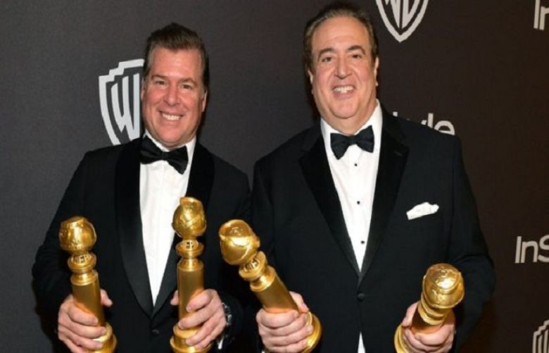 Nick Vallelonga (right) appeared with his Green Book co-writer Brian Currie and their Golden Globes