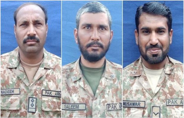 The martyred soldiers were identified as Subedar Nadeem, Sepoy Saleem and Lance Naik Musawar