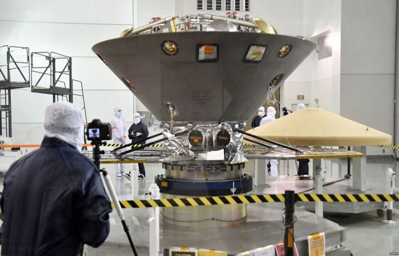 NASA’s InSight spacecraft, destined for the Elysium Planitia region in Mars’ northern hemisphere, undergoes launch preparations at Vandenberg Air Force Base, Calif., April 6, 2018.