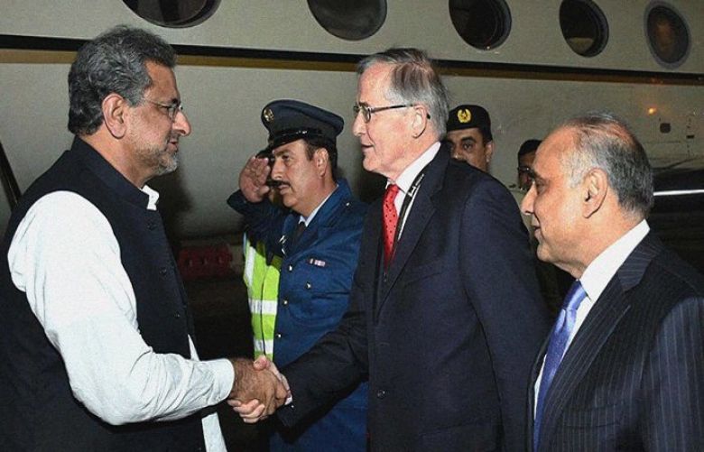 Abbasi was received by Pakistan&#039;s High Commissioner to the UK Syed Ibne Abbas and David Pearey,