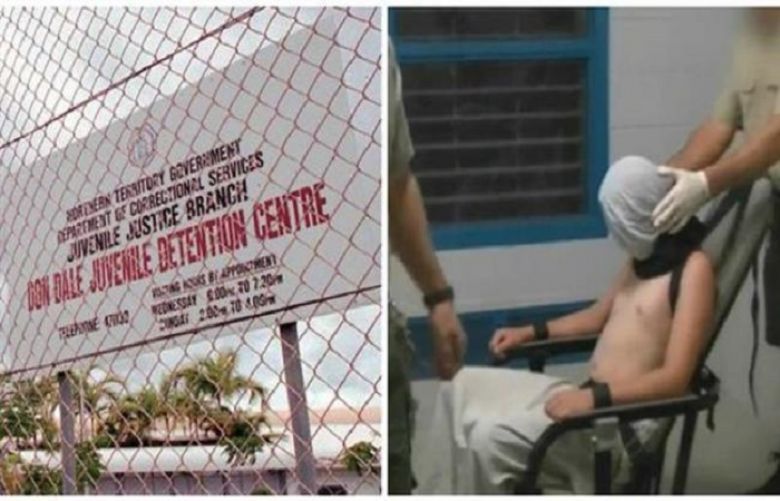 The right-side segment of the combo image shows prison guards at Don Dale Juvenile Detention Center shackling teenage detainee Don Voller into a chair before walking out.