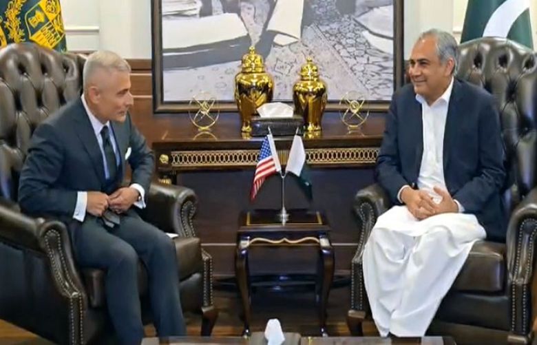 The US Assistant Secretary of State for South and Central Asian Affairs, Paul Kapur and Interior Minister Mohsin Naqvi in Islamabad