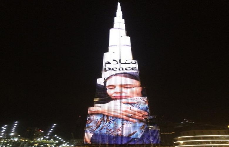 Dubai&#039;s Burj Khalifa lit up with an image of New Zealand Prime Minister Jacinda Ardern