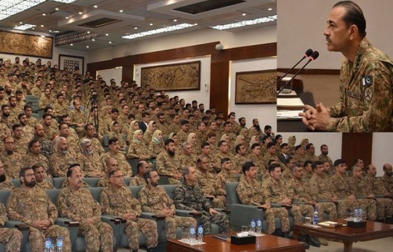 Chief of Army Staff (COAS) General Asim Munir addressing the garrison officers and soldiers at Corps Headquarters Lahore