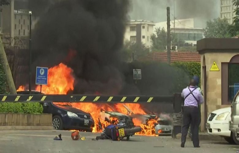 This frame taken from video shows a scene of an explosion in Kenya&#039;s capital, Nairobi, Jan. 15, 2019. Gunfire and explosions were reported near an upscale hotel complex.