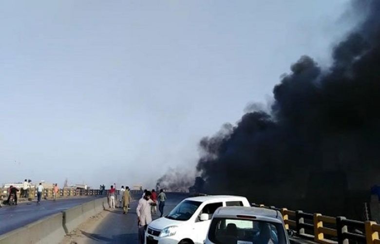 An oil tanker crashed and burst into flames on Gul Bai Flyover