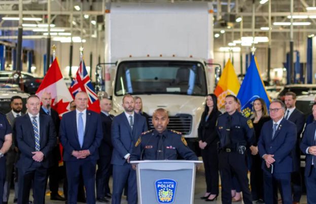 Chief of Peel Regional Police speaks in front of the truck used for the heist.