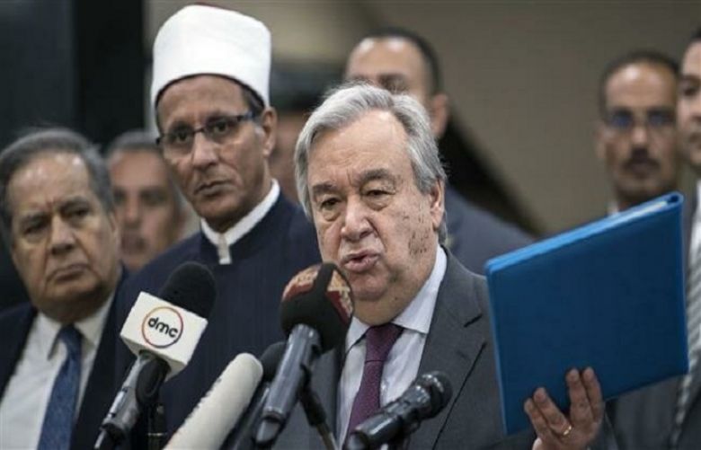 UN Secretary General Antonio Guterres delivers a speech following a meeting with the Grand Imam of al-Azhar in the Egyptian capital, Cairo, on April 2, 2019.