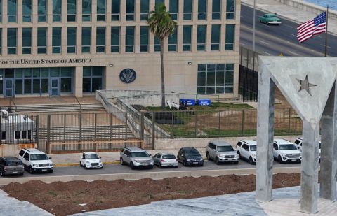A view of the US Embassy beside the Anti-Imperialist stage in Havana, Cuba.