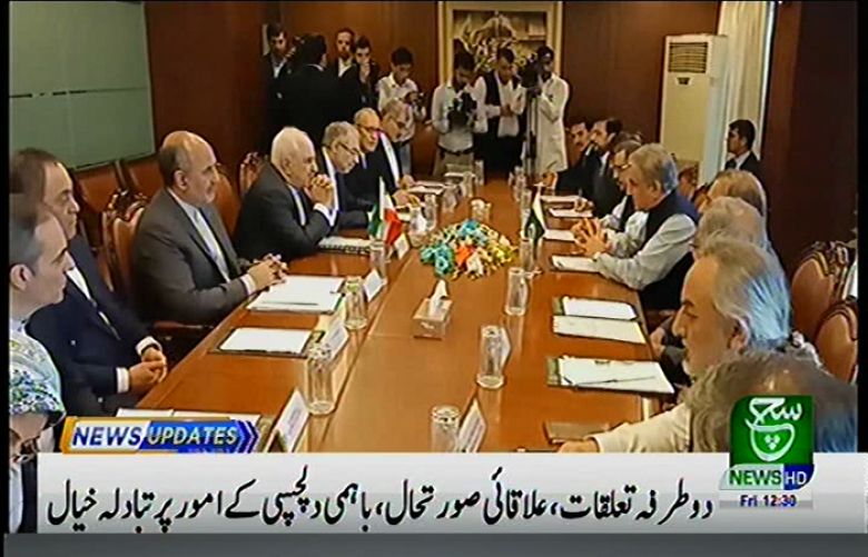 Foreign Minister Shah Mehmood Qureshi speaking at delegation level talks between Pakistan and Iran in Islamabad