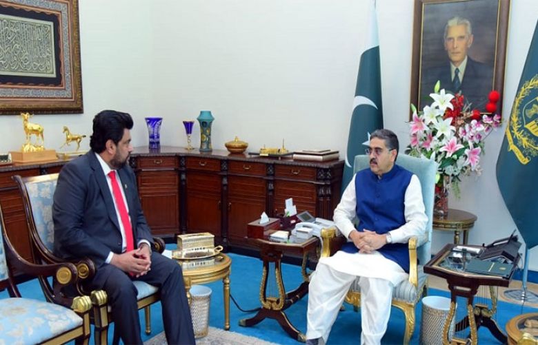 Caretaker Prime Minister Anwaar-ul-Haq Kakar and Governor Sindh Kamran Khan Tessori