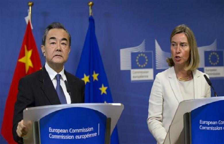 Mogherini is speaking at a joint press point with Chinese Foreign Minister Wang Yi