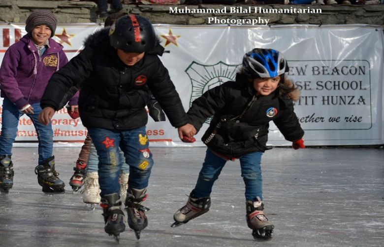 Young Children Playing Ice Hockey at Altit Old Capital of Hunza.