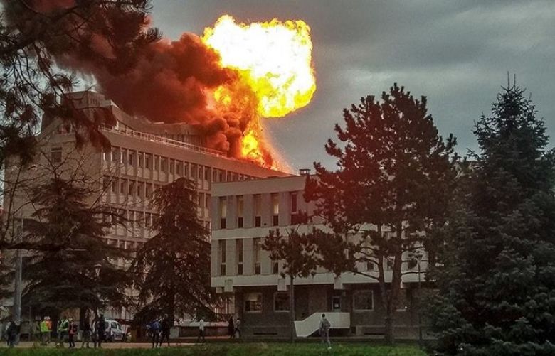 A picture taken on Thursday in Villeurbanne near Lyon, shows an explosion on a rooftop of La Doua University Campus.
