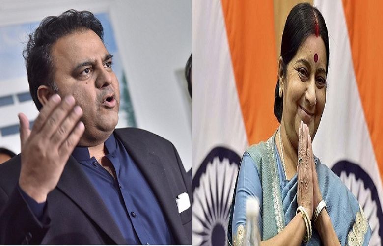Federal Minister for Information Fawad Chaudhry and Indian External Affairs Minister Sushma Swaraj